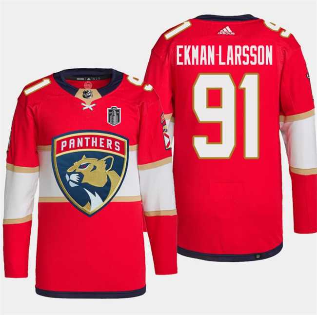 Mens Florida Panthers #91 Oliver Ekman-Larsson Red 2024 Stanley Cup Final Patch Stitched Jersey Dzhi